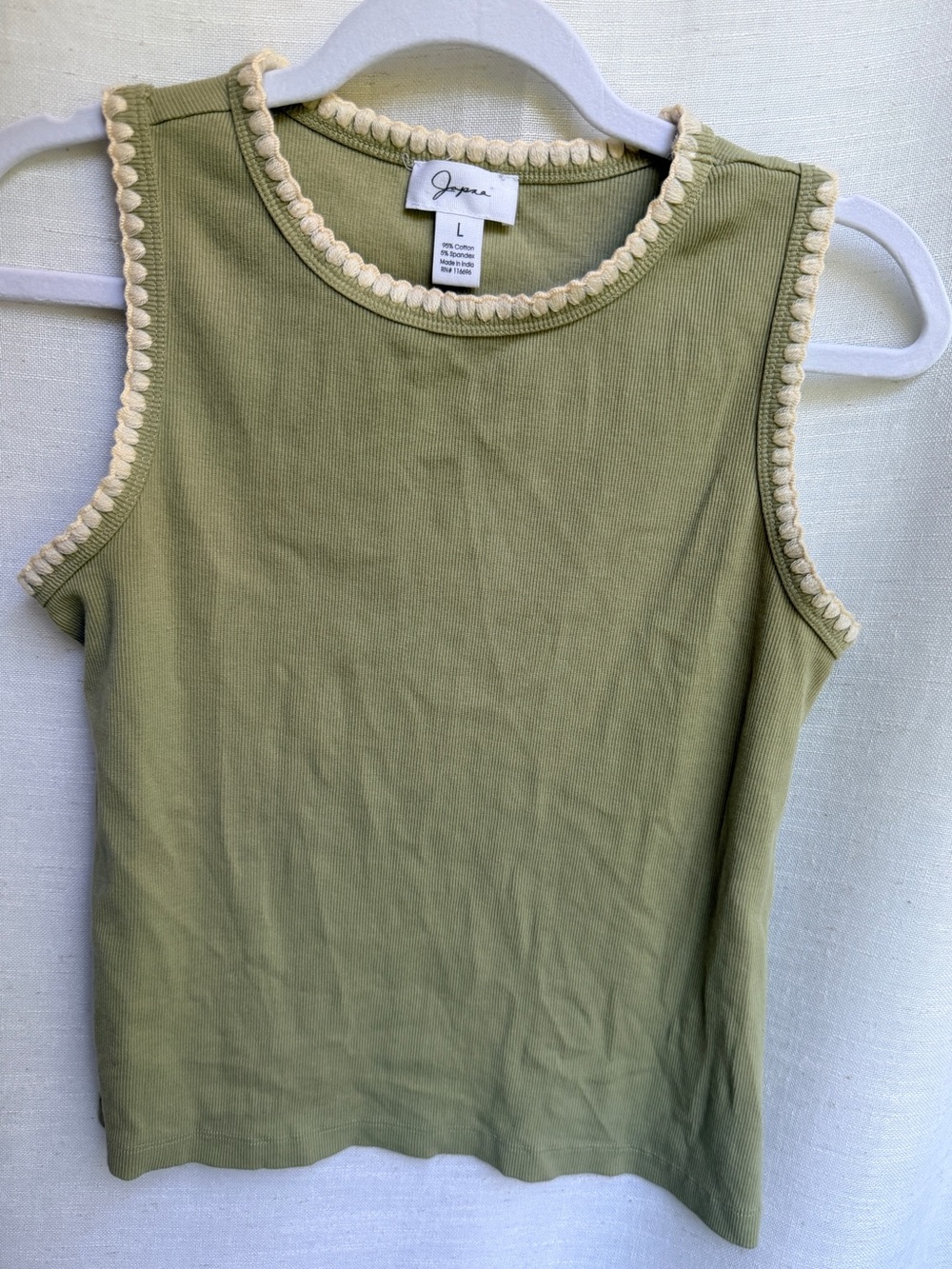 Japna Olive Green Ribbed Cotton Tank Cream Crochet Trim Size L